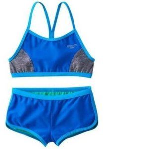 *Swimsuit Speedo sz 7 Blue Gray 2 Pc Scoop Bikini Top & Boyshort Bottoms Girls